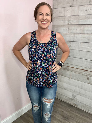 "Making Waves" Floral Tank Top- Navy