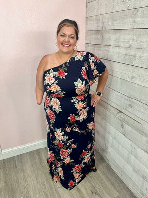 "Sweet Fling" One Shoulder Dress- Navy