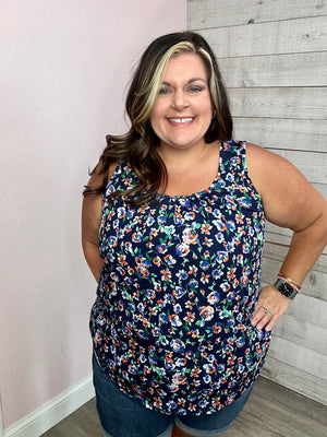 "Making Waves" Floral Tank Top- Navy