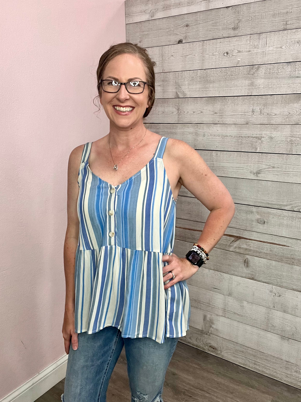 "Sweet Sophistication" Blue Striped Tank