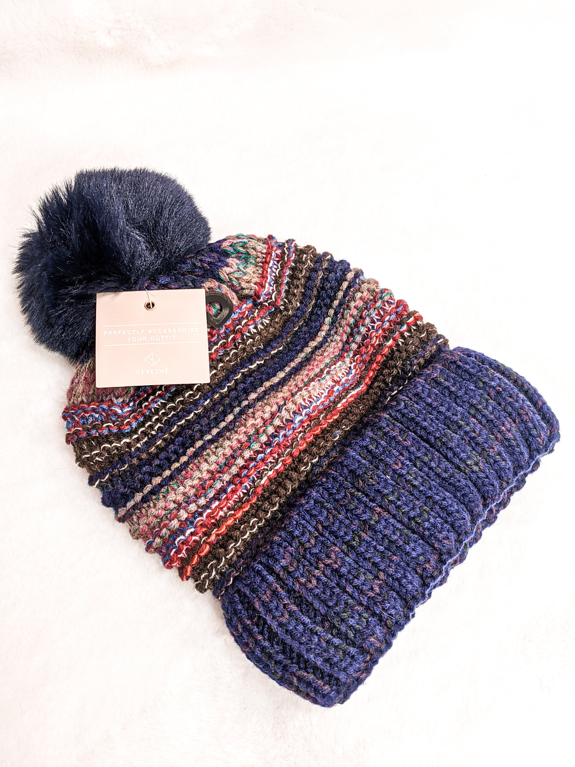 Fleece Lined Striped Knit Beanie with Pom