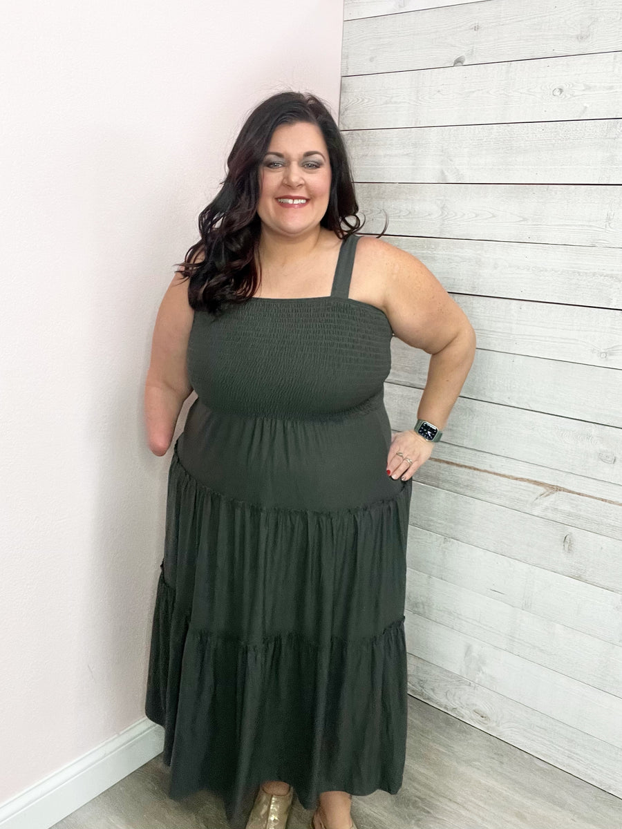 "Power Move" Smocked Midi Dress- Grey *FINAL SALE*