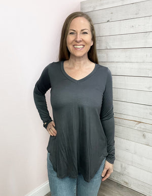 "Live Your Life" V Neck Top- Charcoal