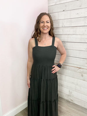 "Power Move" Smocked Midi Dress- Grey *FINAL SALE*