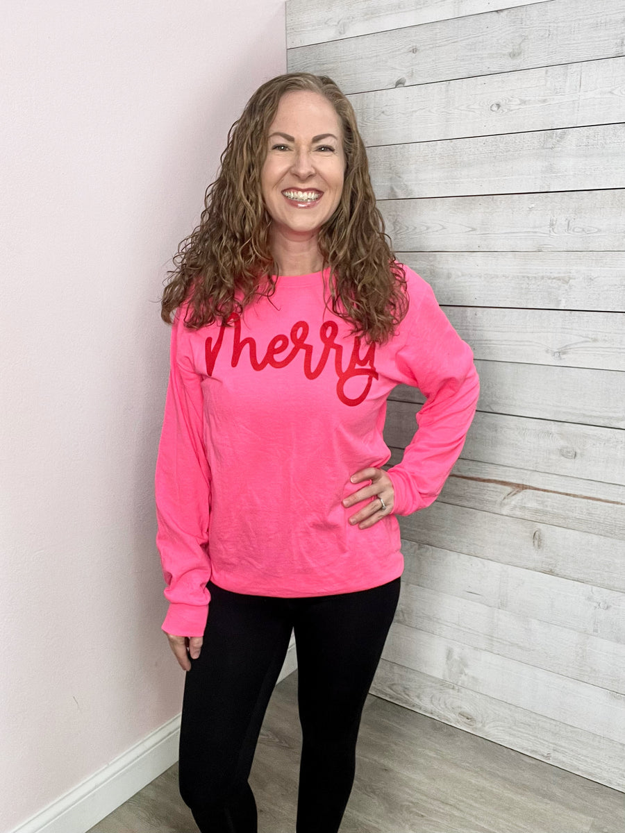 "Merry" Hot Pink Long Sleeve Graphic Tee