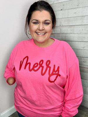 "Merry" Hot Pink Long Sleeve Graphic Tee