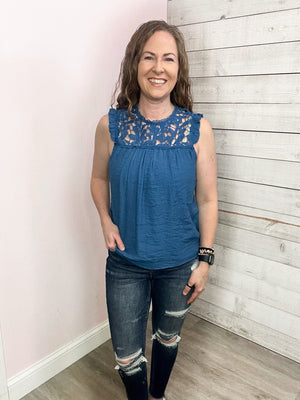 "Captivating" Lace Tank- Blue