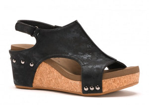 "Carley" Corky Wedge Sandal- Black Metallic